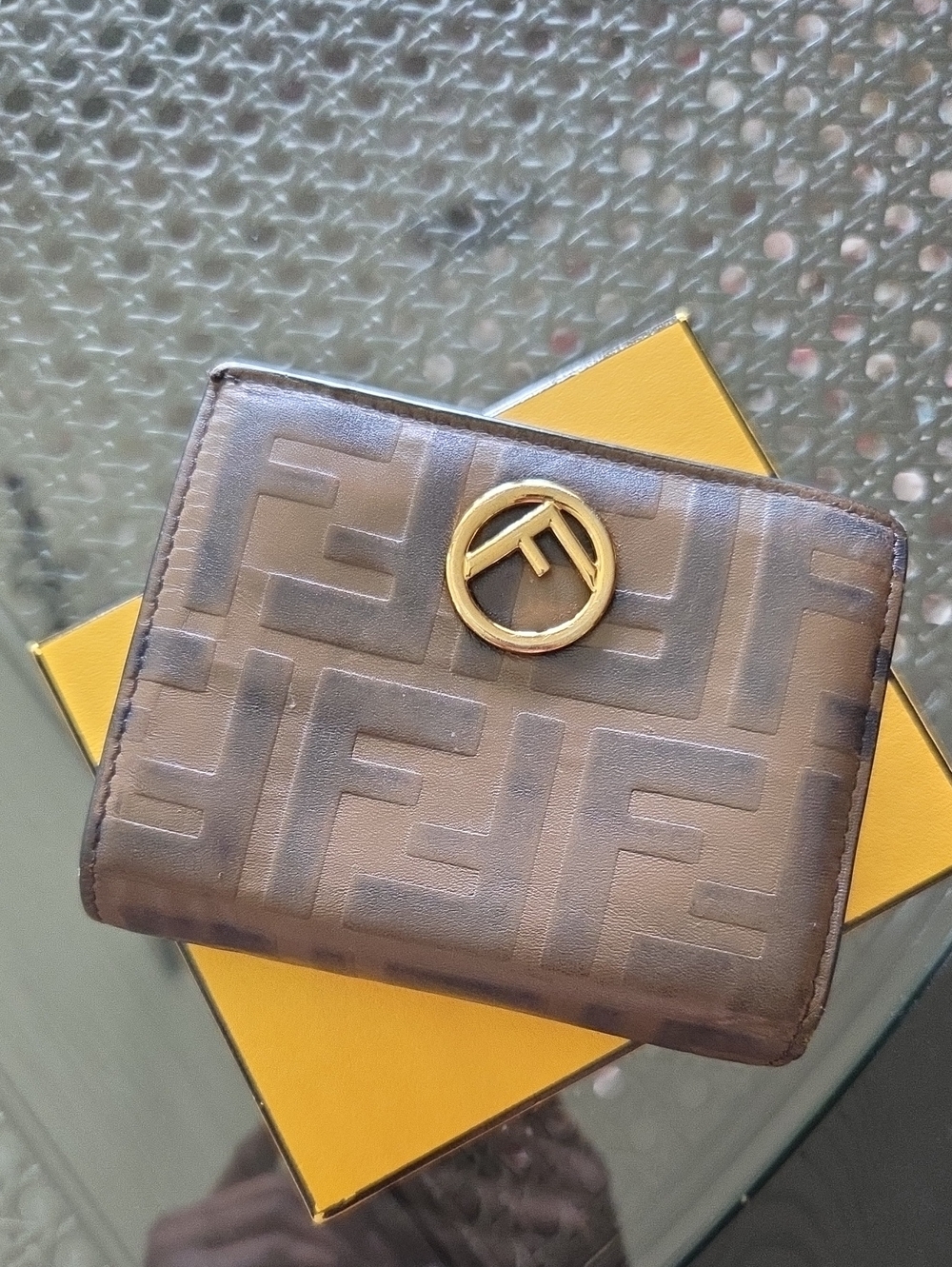 Fendi Brown Zucca Bi-Fold Leather Wallet with Gold Emblem